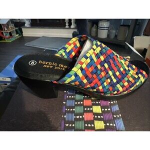 Bernie Mev basket weave slide mule shoe chunky sandal rainbow elastic new Size 8